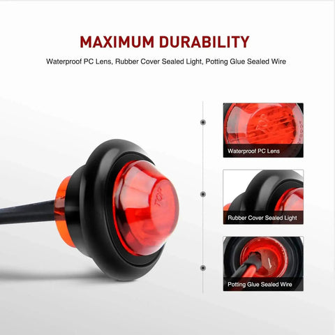 Close-up of red 3/4 inch mini LED clearance light with rubber grommet for waterproof durability, part of 10 Pack Three Quarter Inch Round Mini Led Clearance Lights For Trucks RVs Rigs Buses Trailers Vans Caravans And Boats 12V Red And Amber With Rubber Grommet Surface Mount 60 Lumen Front Rear Side Marker Indicator Kit.