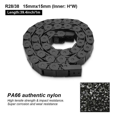 15x15mm Semi Enclosed Drag Chain Cable Carrier For CNC Machines - Black Plastic, 1 Meter Length, R28/38 Bend Radius