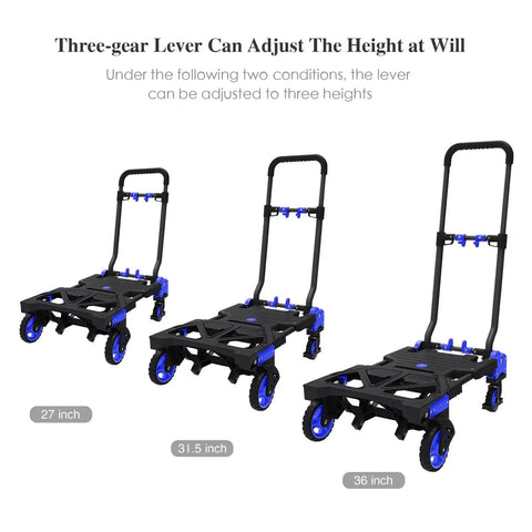 Foldable Hand Truck Heavy Duty 330Lb Capacity With Retractable Handle And Four Rugged Rubber Wheels showing three height settings