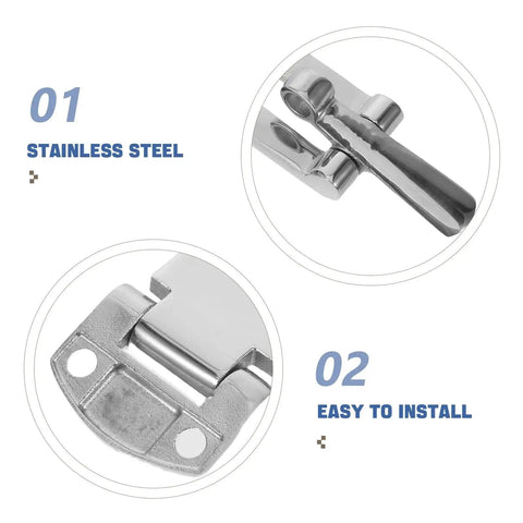 Stainless steel toolbox buckle lock with anti-rattle mechanism; two close-up views.