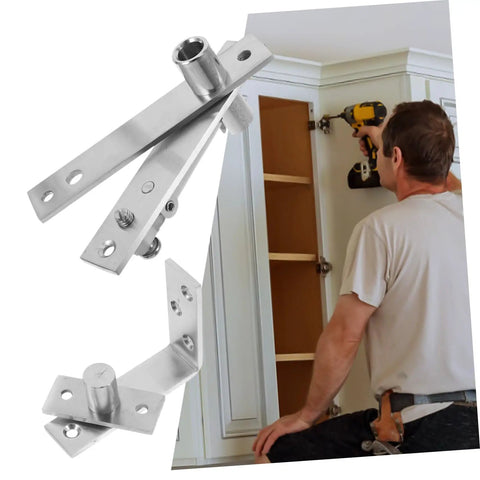 Beefy Heavy Duty Pivot Hinge For Doors And Cabinets, Hidden Concealed Hinges Kit With Crossed Design, DIY Secret Door Kit, Heavy Door Support, Includes All Hardware For Easy Installation shown with a person installing it on a cabinet.