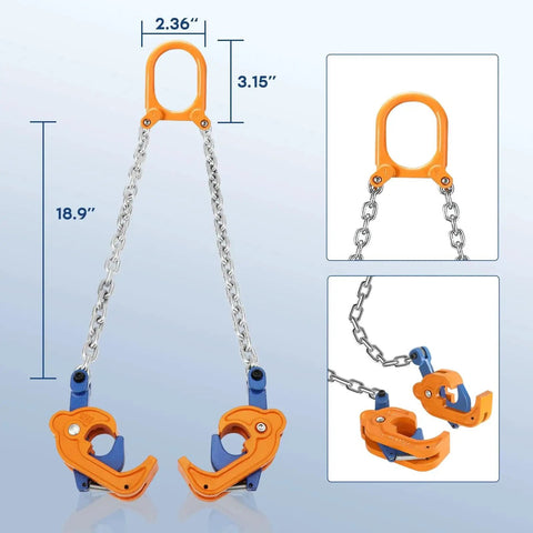 Oil Barrel Drum Lifter With G80 Chain 2000lb 1T For 55 Gallon Drums with detailed dimensions and close-up chain hooks.