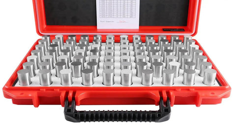 82-piece steel plug pin gauge set in red case, 0.751 to 0.832 inch range, minus Class ZZ tolerance, for precision machining and metrology.