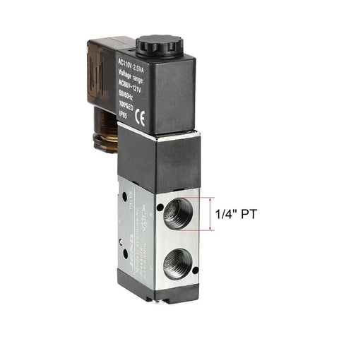 Three Way Two Position Pro Grade Pneumatic Solenoid Valve 110 Volt AC With One Quarter Inch PT Thread Inlet Outlet, side view