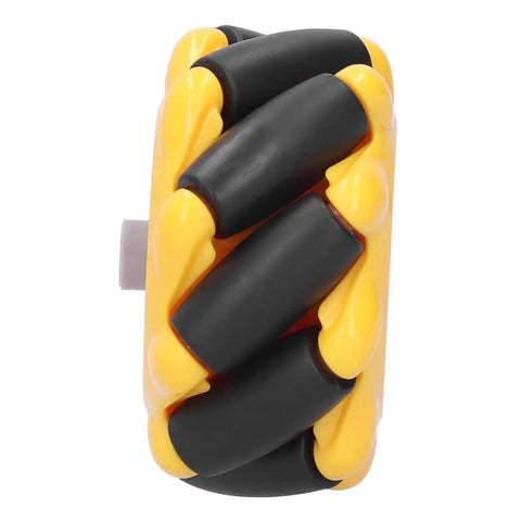 Close-up of yellow and black Mecanum Wheel Pair For Smart Robot Cars 60mm Multi Directional Wheels With Four Way Movement
