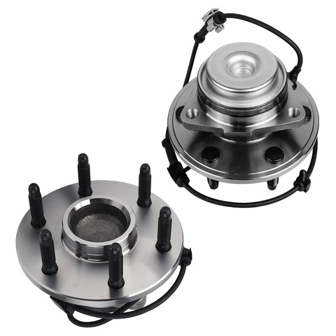 2WD Front Wheel Bearing And Hub Assembly Set Of 2 Fits 2000-2008 Chevy Tahoe Suburban Avalanche Express 1500 2500 Cadillac Escalade GMC Yukon XL Savana With 6 Lug And ABS, front and side view showing metal construction and lug structure.