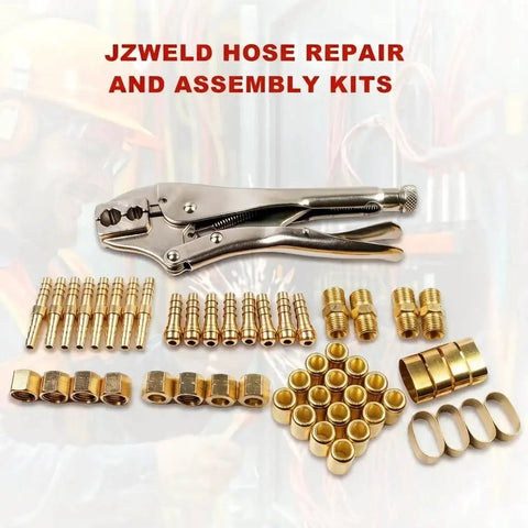 Oxygen and Acetylene Torch Hose Repair Kit 1/4 Inch ID Crimper B Size Fittings with brass components and crimp tool