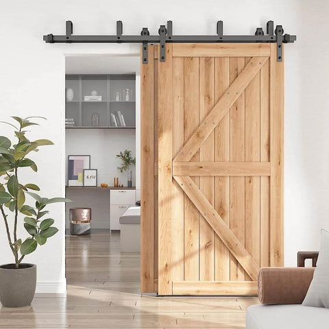 12 Foot Low Ceiling Heavy Duty Beefed Up Sliding Barn Door Hardware Kit With Double Track Bypass For Two Doors Black J Shape Bypass Carbon Steel Construction 120Kg Per Track Capacity Fits Doors Up To 72 Inches Wide And Door Thickness 1 3 Eighths To 1 3 installed in modern living room