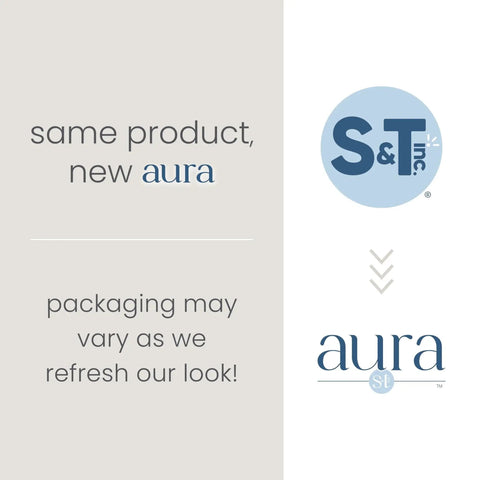 Brand update image showing text 'same product, new aura' and 'packaging may vary', logos for S&T Inc. and aura st.