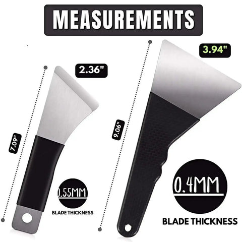 Dimensions and blade thickness of two scrapers in Pro Grade All In One Go To 3D Printer Scraper Kit with Four Blade Types and Ten Spare Blades.