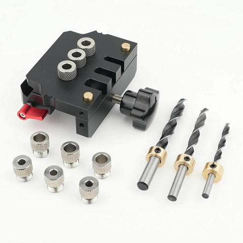 Pro Grade Self Centering Doweling Jig Kit With Anodized Finish For Easy Accurate Woodworking And Furniture Assembly Includes Precise Alignment Etched Guides Three Drill Bits Sleeves And Limiters For Quick Clean Joints displayed with components