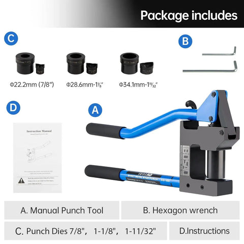 Package includes for Heavy Duty Manual Lever Sheet Metal Stud Punch 20 Gauge With 7/8 Inch, 1-1/8 Inch, And 1-11/32 Inch Knockout Hole Punch Driver Kit