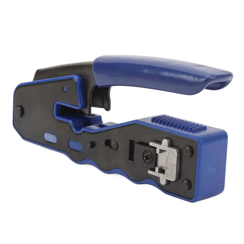 Side view of All-In-One RJ45 Ethernet Crimping Tool for Cat5, Cat5e, Cat6 and Cat6A with blue handle and hardened blades for network wiring.