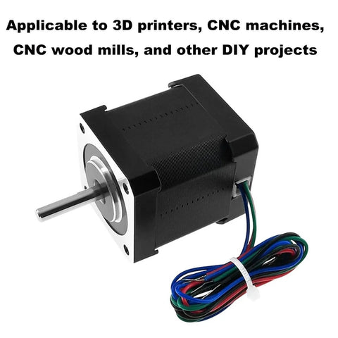 NEMA 17 stepper motor with black housing, silver faceplate and protruding shaft; bundled multicolor 4-lead wires
