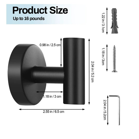 Two Pack Stainless Steel Black Matte Towel Hooks For Wall Mount And Door Hanger with dimensions and hardware included.