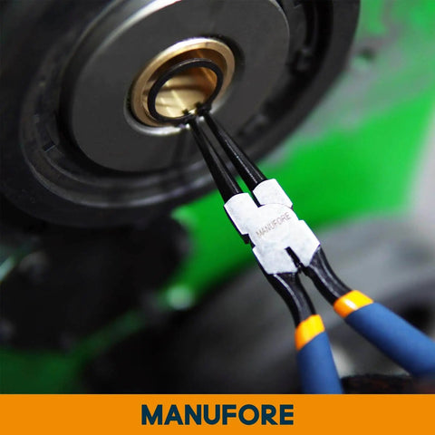 7 Inch Snap Ring Pliers Set With Internal And External Circlip Pliers, Straight And Bent Jaw Tips in use on machinery