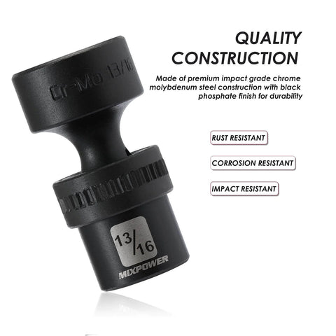 Shallow Impact Universal Joint Swivel Socket Set Three Eighths Inch Drive SAE Fractional Range From Five Sixteenths To One Inch Twelve Piece Chrome Molybdenum Steel With Flexible Wobble Heads Rugged Pro Grade Build close-up of a 13/16 socket showing chrome molybdenum steel construction.