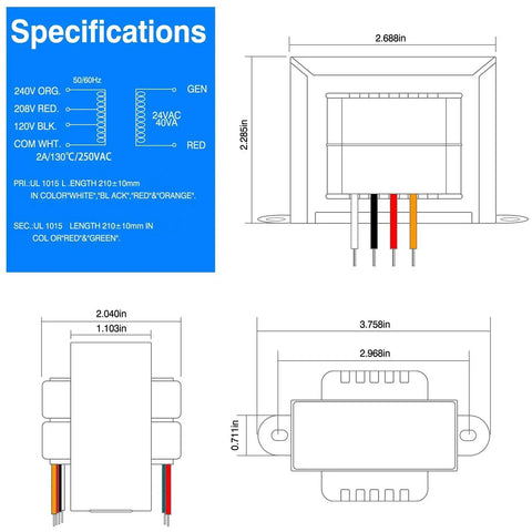 Technical diagram of 24V 40VA Control Transformer for HVAC and Furnace with 24V Secondary Isolation Primary 120 208 240V Foot Mount