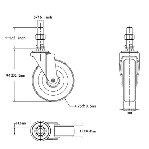 Technical drawing of Heavy Duty 3 Inch Swivel Caster Wheels Set Of 4 With Five Sixteenth Inch Threaded Stem By Eighteen Threads, side view.