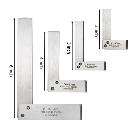 Machinist Square Set For Woodworking And Metalworking Suwimut 2 Inch 3 Inch 4 Inch And 6 Inch Hardened Steel Squares With 90 Degree Base L Type Right Angle Ruler For Precision Woodworking And Metalworking Projects With Durable Storage Case Included, showing all four sizes arranged vertically.
