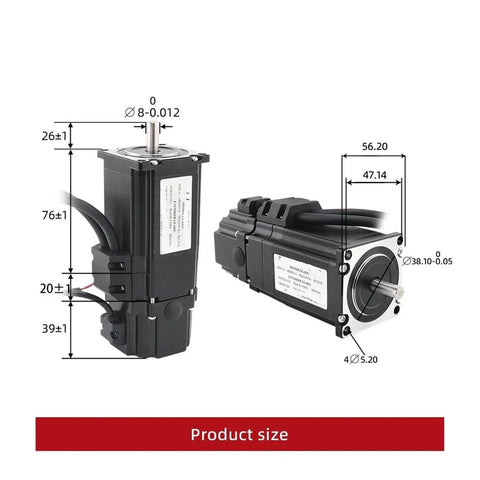Front and side views of a black NEMA23 closed-loop stepper motor with shaft and cables.