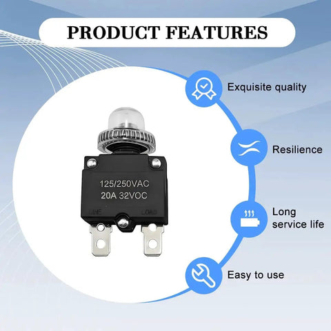 20A thermal circuit breaker with manual reset push button and terminal caps, featuring product benefits such as durability and ease of use