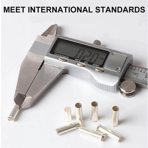 Digital caliper measuring ferrules from 50 Pieces AWG 1/0 Wire Ferrules Kit With Tinned Copper Crimp Connectors Pro Grade Non Insulated End Terminals For Electric Cables And Automotive Wiring Projects, Durable Anti Oxidation Finish, High Conductivity, Low Resistance, Easy Crimping, against white background.