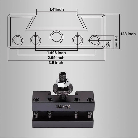 Front view of Set Of 5 Quick Change Lathe Tool Post Holders For BXA Tool Posts 250-200 Or 250-222 with dimension diagram