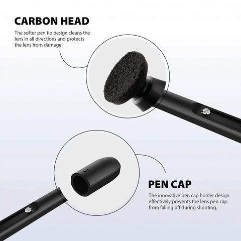 Close-up of a double-ended lens cleaning pen with carbon head and cap, featuring cleaning and protection details.