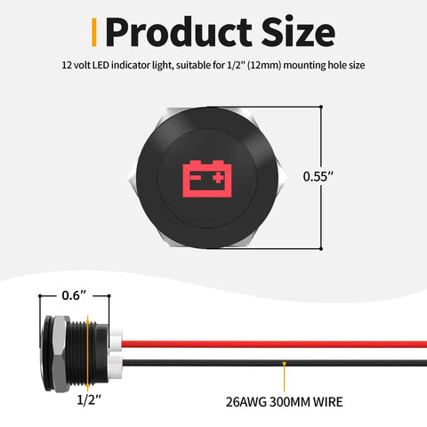 12V LED Indicator Light Kit Waterproof Seven Piece Set For Your Ride Dash Panels with size details and 300mm wires