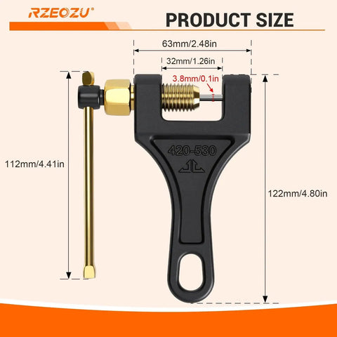 Universal Motorcycle Chain Breaker Tool For 420 530 520 525 428 40 Master Links with product dimensions marked in millimeters and inches