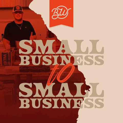 Person in a cap standing behind a counter with the text 'Small Business to Small Business' and logo "BW" above.