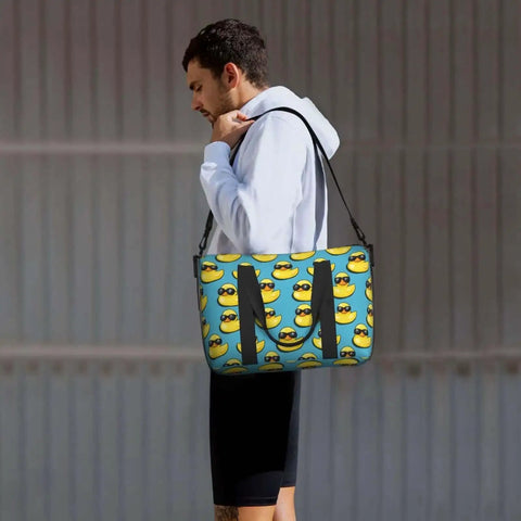 Man carrying Laptop Tote Bag For Women Work Weekender With Dope Cool Duck Sunglasses Print Travel Duffle For Men