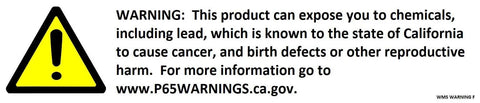 California Proposition 65 warning label about chemicals including lead causing cancer and reproductive harm.