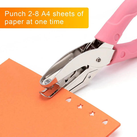 4 Pack Handheld Hole Punch Set With Heart, Star, Large Circle And Medium Circle Shapes, Rubber Grip, shown punching orange paper