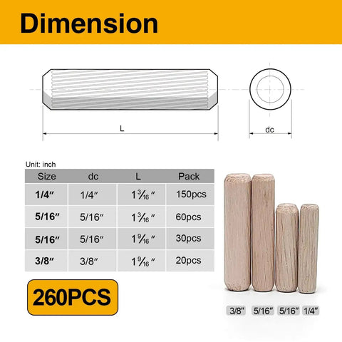 260 Pcs Wooden Dowel Pins Set In Four Sizes showing dimensions and quantities, with a size chart and fluted design.