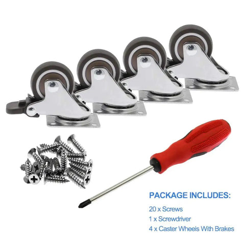 4 Pack 1.25 Inch Caster Wheels With Brakes Rubber Swivel Heavy Duty Casters With 360 Degree Top Plate 140 Lbs Total Capacity Includes 20 Screws And Free Screwdriver For Easy Installation Ideal For Tool Carts And Rolling Benches.