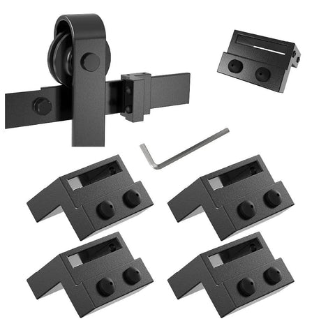Rubber Cushioned Stopper Limit for Sliding Barn Door Track Roller Kit Fits One Point Six Inch Wide One Quarter Inch Thick Flat Track Noise Quieting Adjustable Screw In For Strong Secure Fit And Easy Repositioning, shown with wrench and components.