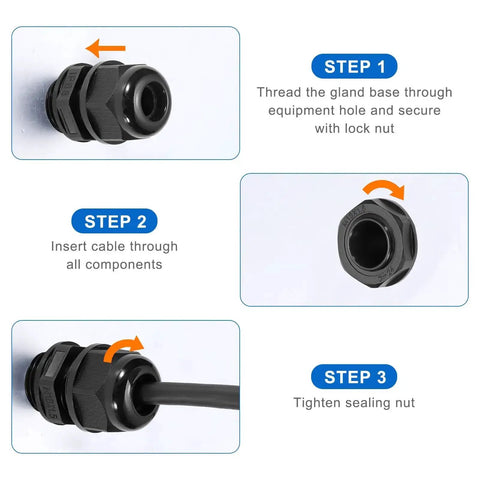 Installation steps for 30 Pcs PG7 Cable Glands Adjustable 3-6.5mm PA6 Nylon IP68 Waterproof Connectors with Seals