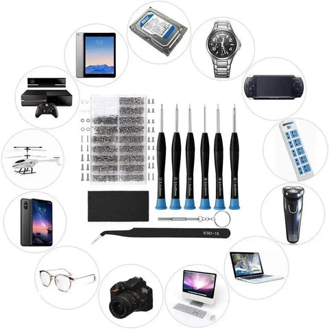 All-In-One Eyeglasses Repair Kit with Over 1000 Screws, 6 Precision Screwdrivers, Tweezers, Nuts, Caps, Washers, Cleaning Cloth