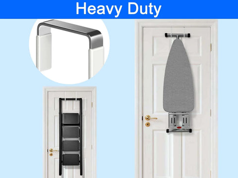 Door with heavy duty over-the-door ironing board holder and shelf, showing installation and close-up of metal frame design for space saving.