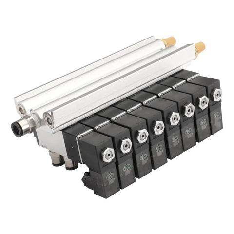 Eight Port Pneumatic Solenoid Valve Set With Two Position Five Way Base Muffler Quick Fittings PT One Eighth Inch DC Twenty Four Volt Solenoid
