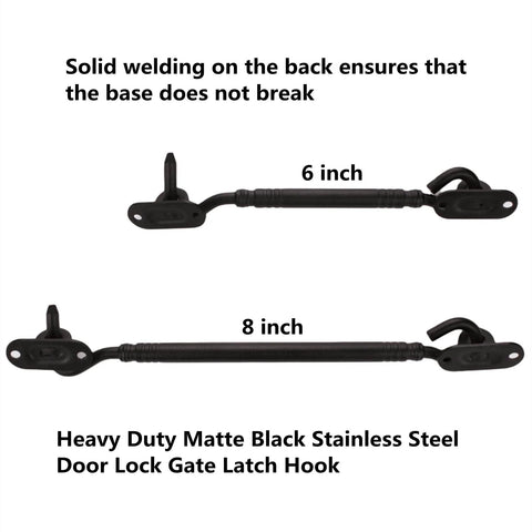 8 Inch Heavy Duty Barn Door Hook And Eye Latch, Solid Extra Thick Sliding Door Lock For Barn Gate Privacy, Black Finish, Rust Resistant Core And Durable Construction For Long Lasting Use, shown with 6 inch hook option