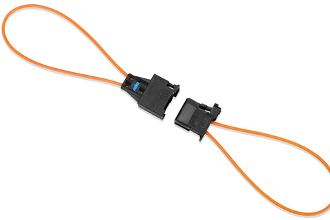 Two-piece fiber optic bypass loop adapters with cable; male and female connectors for BMW, VW, Porsche, Audi, Mercedes.