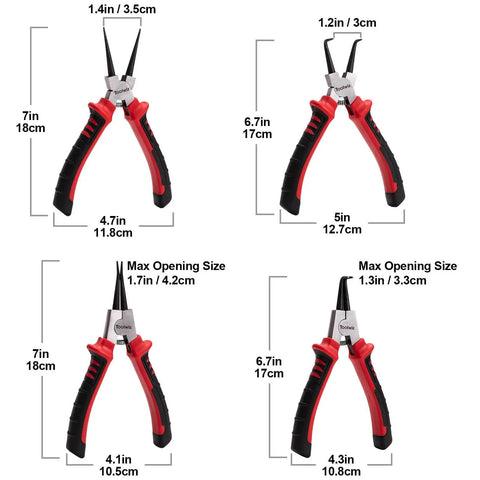 4 Piece Snap Ring Pliers Set For Internal And External Retaining Rings, 7 Inch Heavy Duty Circlip Pliers With Straight And Bent Jaws, Tip Diameter About 0.08 Inches, Includes Storage Pouch For Auto, Home And Industrial Use, four pliers with size specifications.