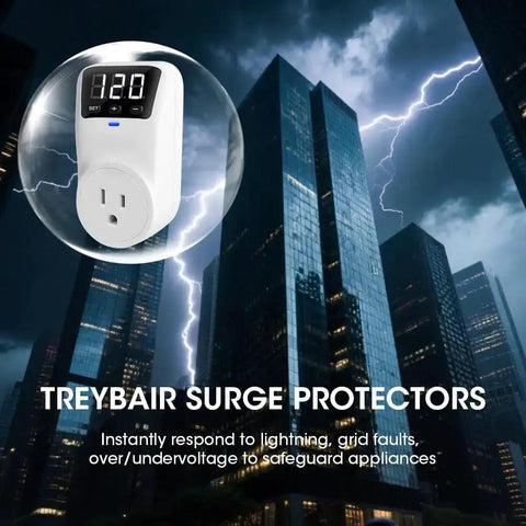 Wall Mount Surge Protector With Voltage Stabilizer And Real-Time Monitoring Fireproof UL94V-1 For Refrigerator TV And Heavy-Duty Appliances Custom Voltage 80V-140V shown against a stormy cityscape background.