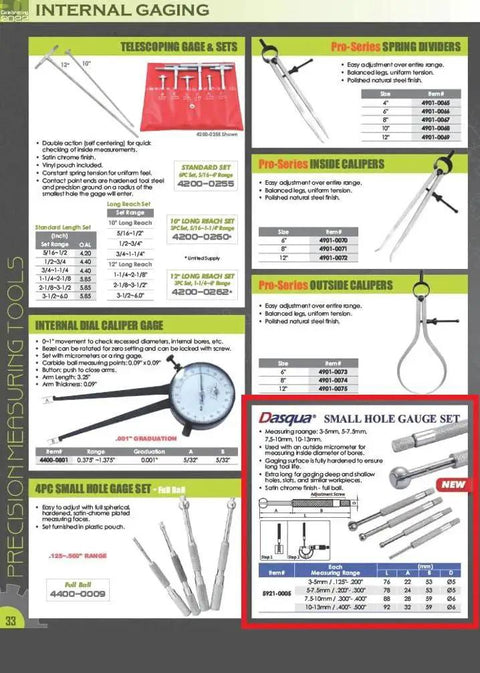Catalog page featuring Durable Inside Bore Gage Set For Extra Long Reach In Deep And Shallow Holes And Slots With Full Ball, 4 Piece Metric Ranges 3.5mm, 5 To 7.5mm, 7.5 To 10mm, 10 To 13mm, Satin Hardened Finish For Longer Tool Life And Easy Inside Diameter Checks With.