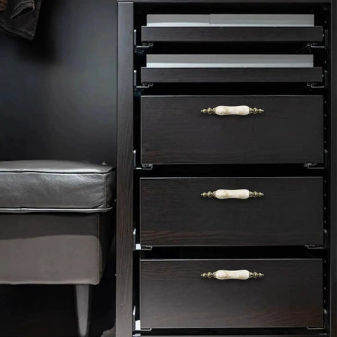 Ceramic Cabinet Pulls Marble Pattern 3 Inch Center Holes Antique Brown Granite Look installed on dark brown dresser drawers