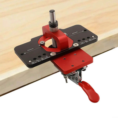 35mm Jig Drill Guide For Hinges With Adjustable Offsets And Premium Aluminum Construction mounted on wood surface