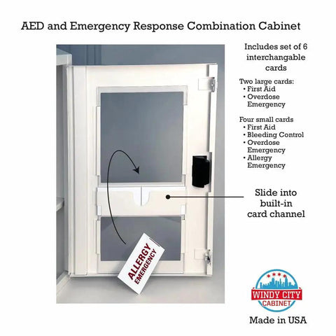 Heavy Duty AED Cabinet With Alarm And Dual Storage For First Aid Kit, Wall Mount Steel Locker with interchangeable signage cards shown